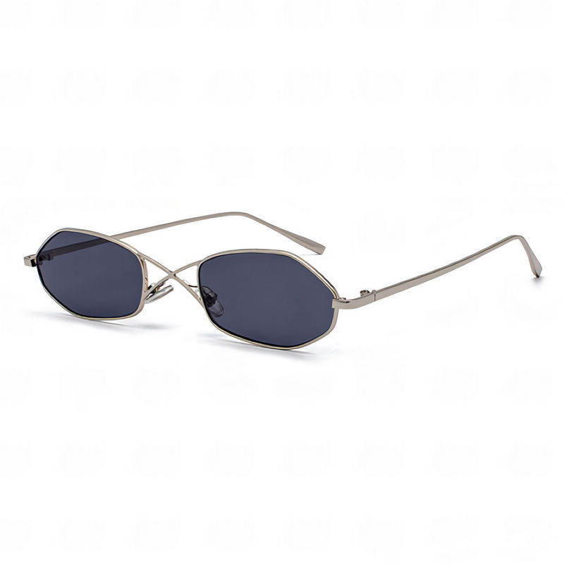 Grey Metallic Criss Cross Hexagonal Geometric Frame Sunglasses