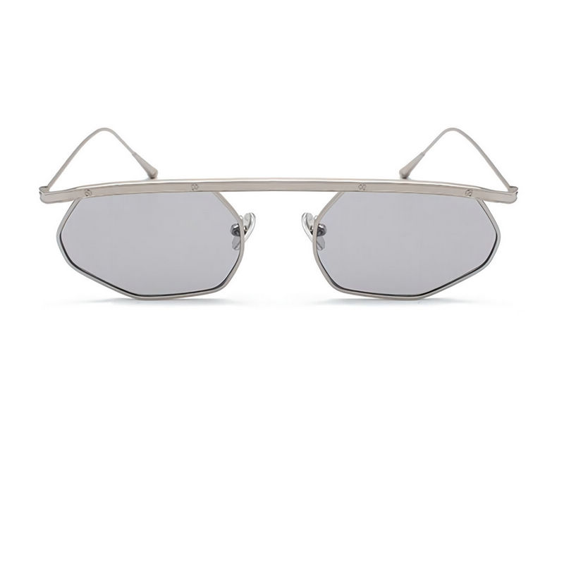 Hip Hop Punk Metal Irregular Frame Octagonal Flat Top Sunglasses Silver Mirror Lens