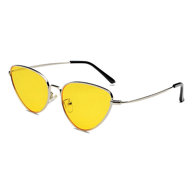 Metal Cat-Eye Shaped Sunglasses Silver-Tone Frame Tinted Yellow Lens