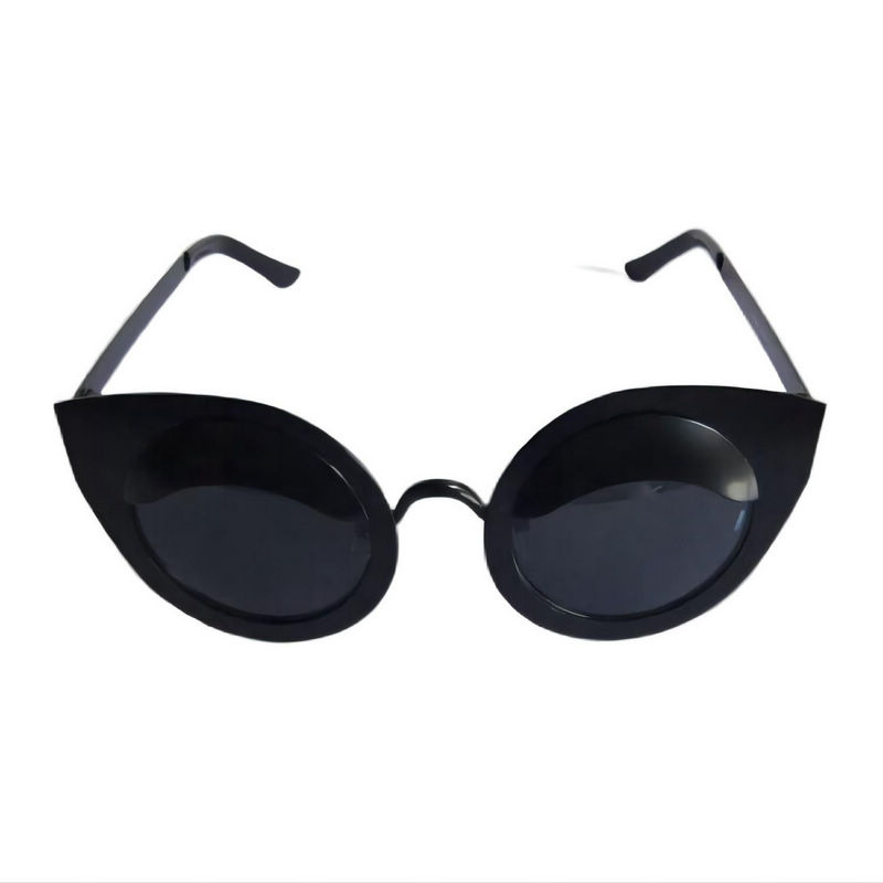 Metal Round Cat-Eye Sunglasses Black Frame Gray Lens