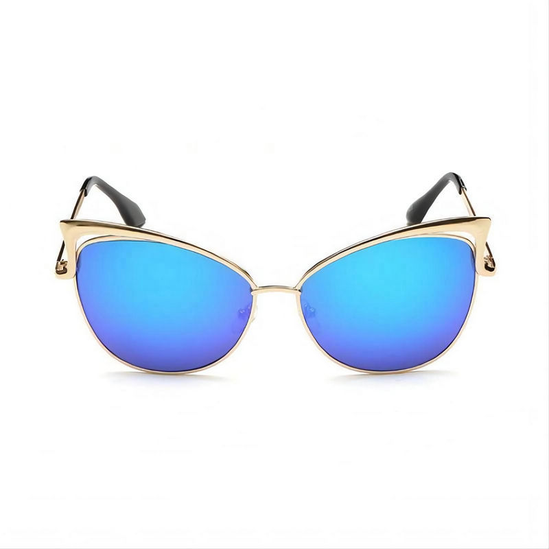 Mirrored Blue Cat Eye Sunglasses Cutout Detailing Gold Frame