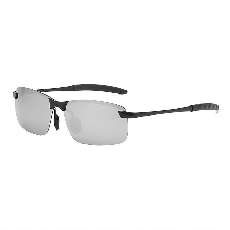 Mirrored Rectangular Rimless Sunglasses Metal Black Temple Rectangular Mirror Silver Lens