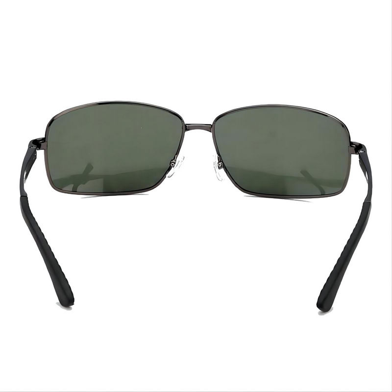 Polarized Rectangular Men's Sunglasses Gun Grey Vented Temples/Green Lens