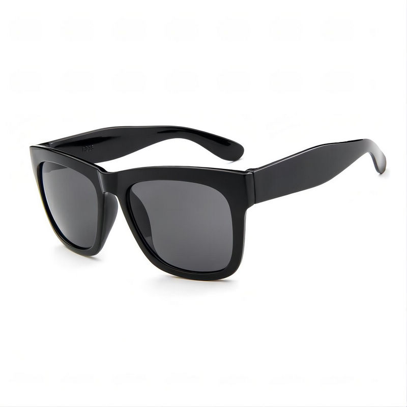 Retro Square Fashion Sunglasses Polished Black Plastic Frame Gray Lens