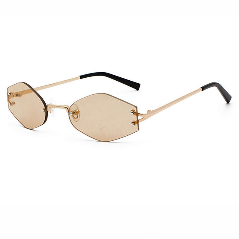 Small Narrow Rimless Diamond Geometric Shaped Sunglasses Gold Frame Brown Lens
