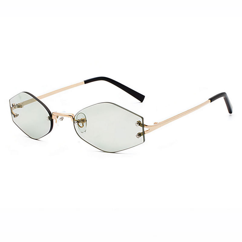 Small Narrow Rimless Diamond Geometric Shaped Sunglasses Gold Frame Green Lens