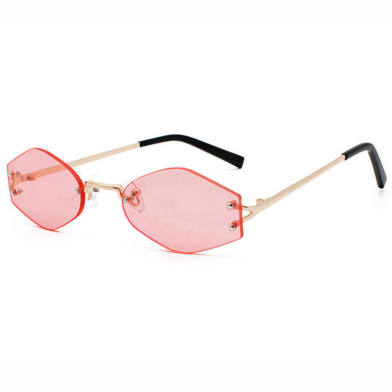 Small Narrow Rimless Diamond Geometric Shaped Sunglasses Gold Frame Pink Lens