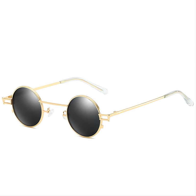 Small Punk Round Sunglasses Metallic Wide Frame Gold/Grey Lens