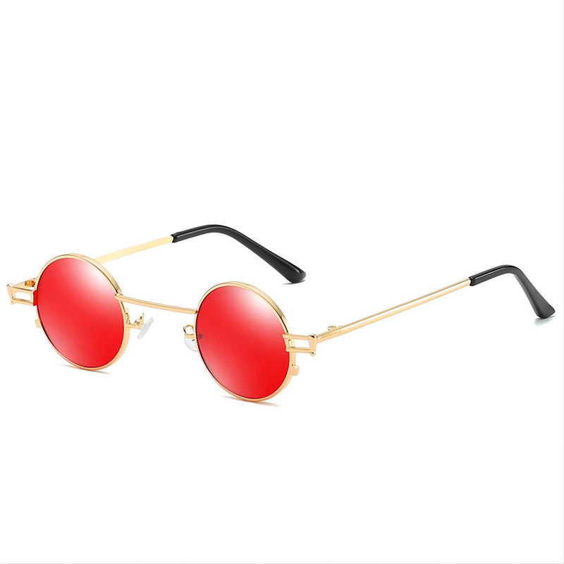 Small Punk Round Sunglasses Metallic Wide Frame Gold/Tinted Red Lens