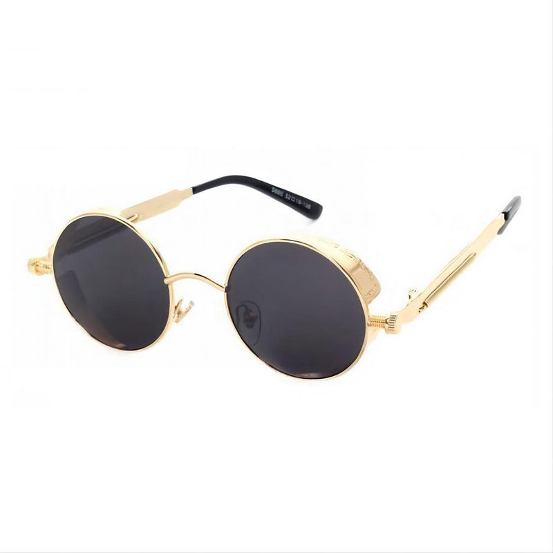 Steampunk Screws Spring-Leg Sunglasses Gold Round Frame Grey Lens