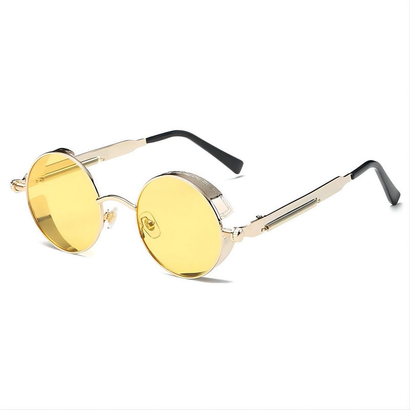 Steampunk Screws Spring-Leg Sunglasses Round Metal Frame Gold/Yellow