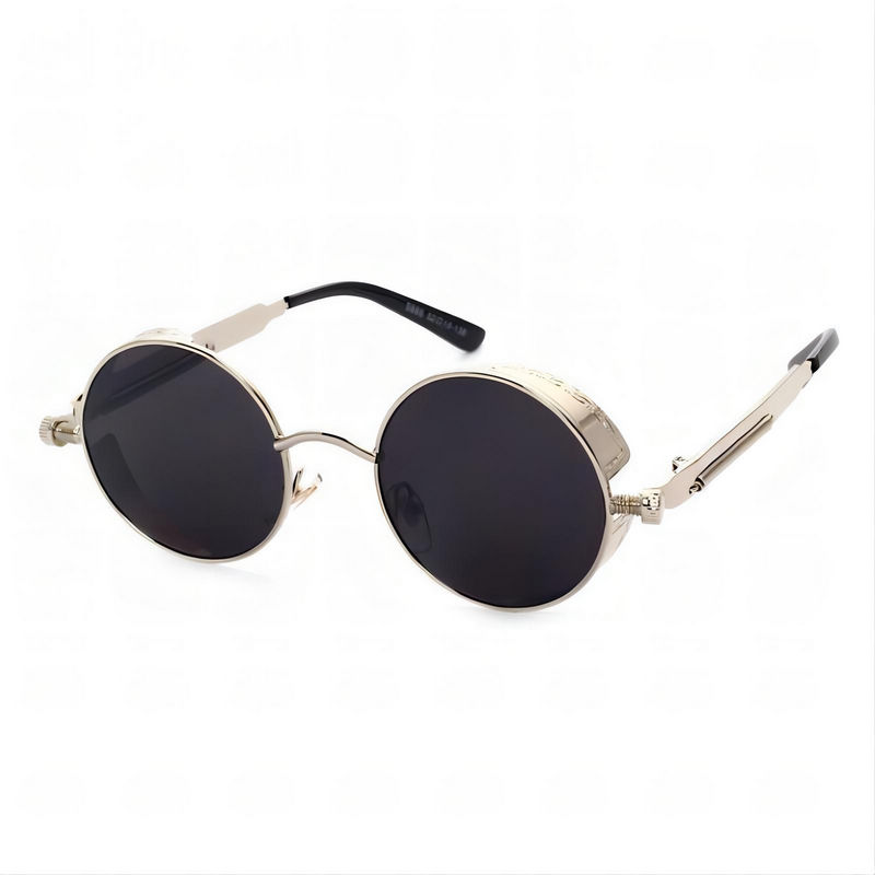 Steampunk Screws Spring-Leg Sunglasses Silver Round Frame Grey Lens
