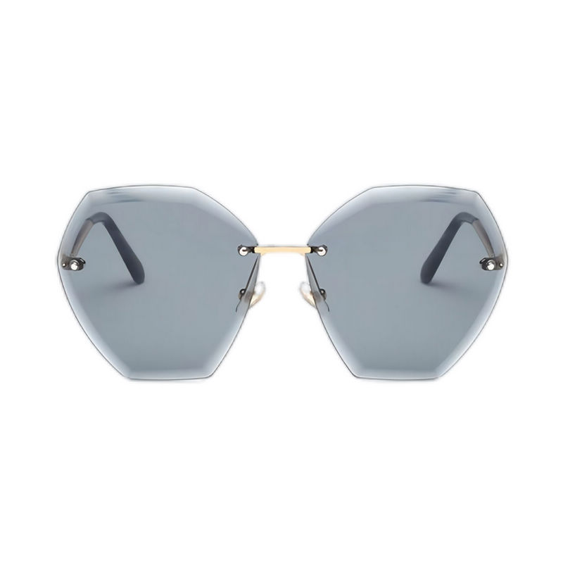 Trimmed Rimless Geometric Squared Oversize Sunglasses Gold/Grey