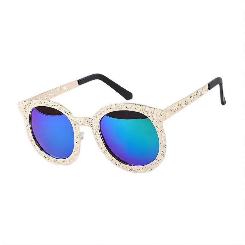 Lace-Trim Cat-Eye Sunglasses Gold Metal Round Frame Mirror Blue Lens