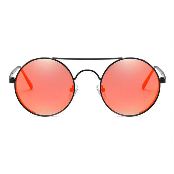 Black Metal Capped-Frame Round Pilot Sunglasses Red Lens