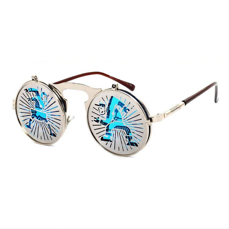 Boy and Girl Steampunk Round-Metal Flip-Up Sunglasses Silver Frame Blue Lens