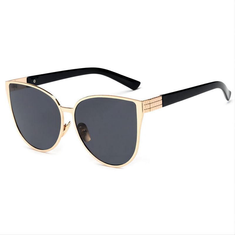 Celebrity Oversized Cat-Eye Metal Sunglasses Gold Frame Grey Lens