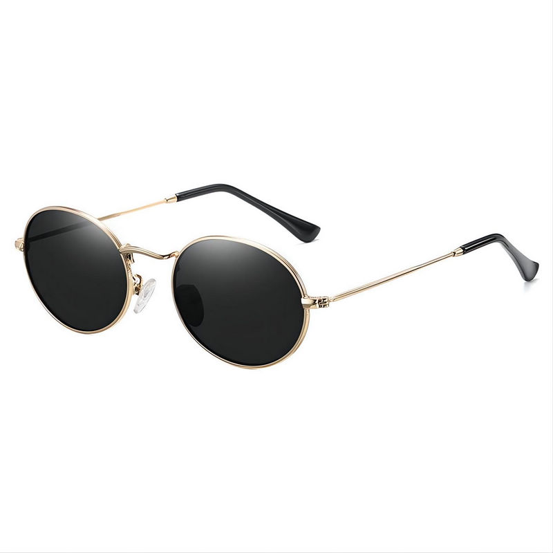 Classic Oval-Shaped Polarized Sunglasses Gold Metal Rim Grey Lens