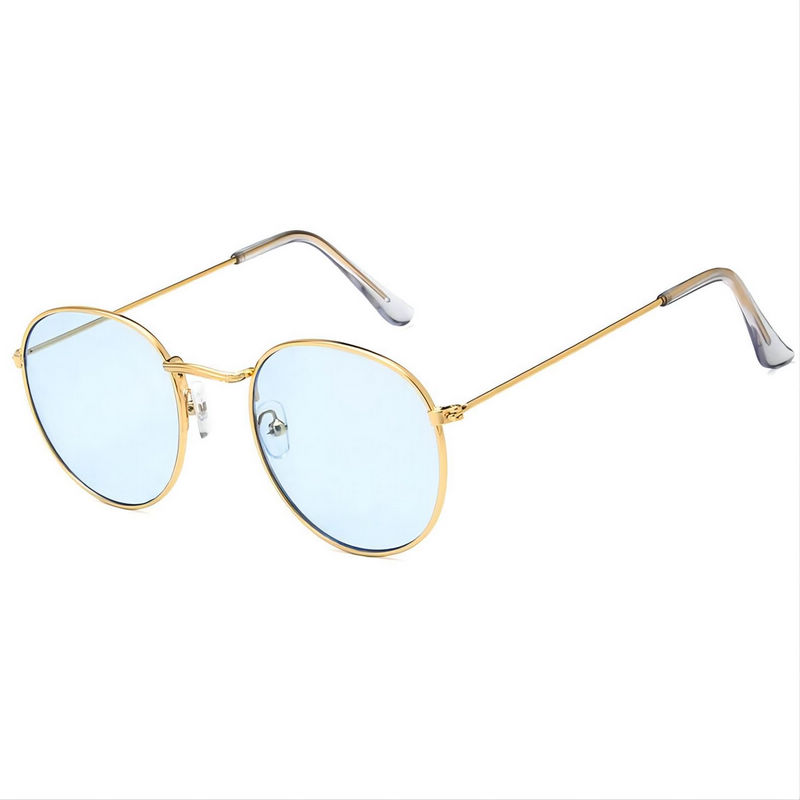 Classic Round Metal Sunglasses Gold Circle Frame Transparent Blue Lens