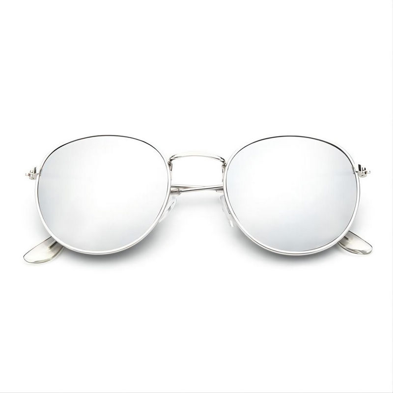 Classic Round Metal Sunglasses Silver Circle Frame Mirror White Lens