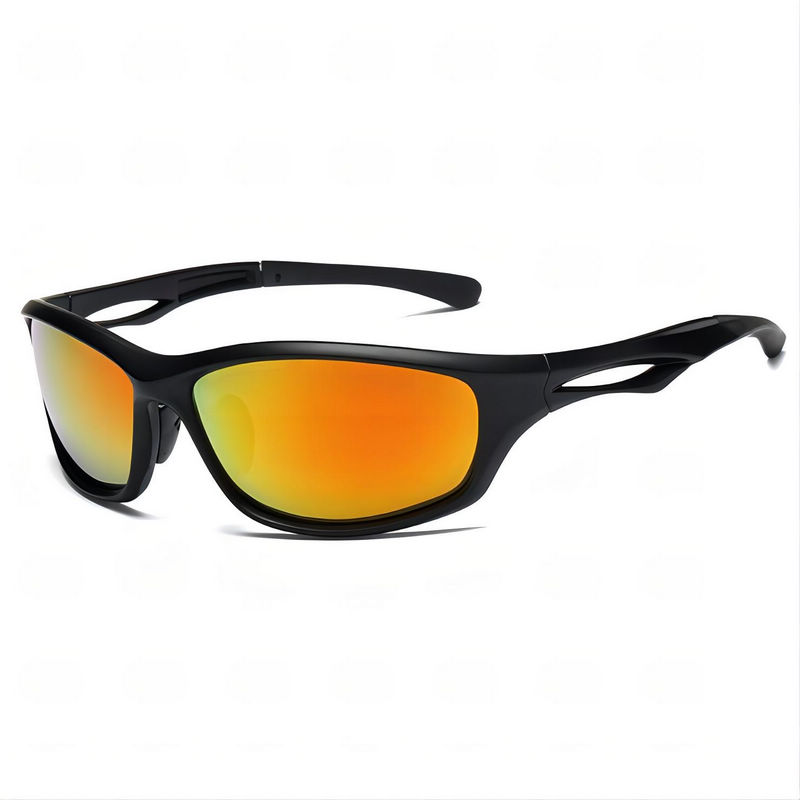 Cycling & Fishing Sports Sunglasses Black Wrap Frame Polarized Mirror Orange Lens