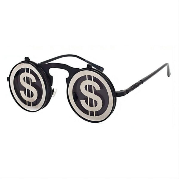 Dollar Steampunk Round-Metal Flip-Up Sunglasses Black Frame Grey Lens
