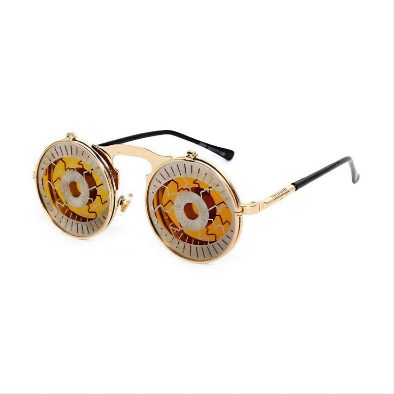 Eyes Pattern Steampunk Round-Metal Flip-Up Sunglasses Gold Frame Orange Lens