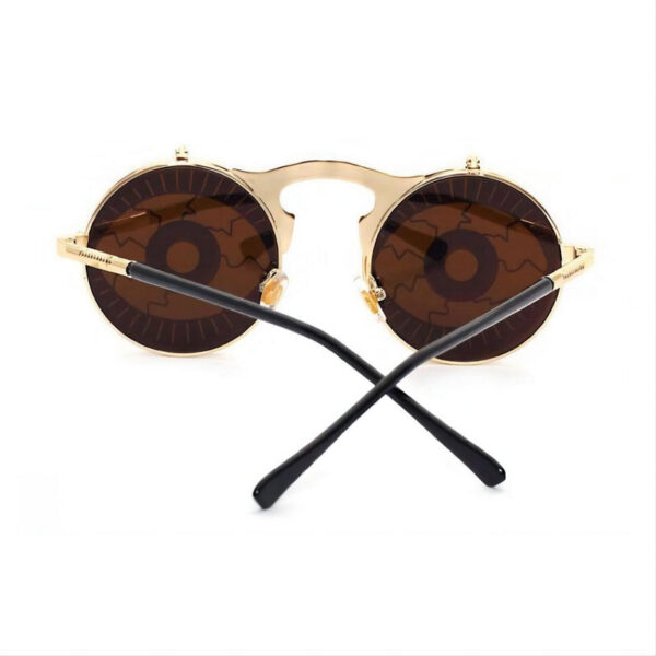 Eyes Pattern Steampunk Round-Metal Flip-Up Sunglasses Gold-Tone/Orange