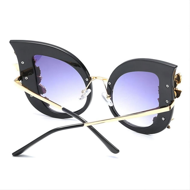 Floral Embellished Cat-Eye Sunglasses Black Oversize Frame Gradient Grey Lens