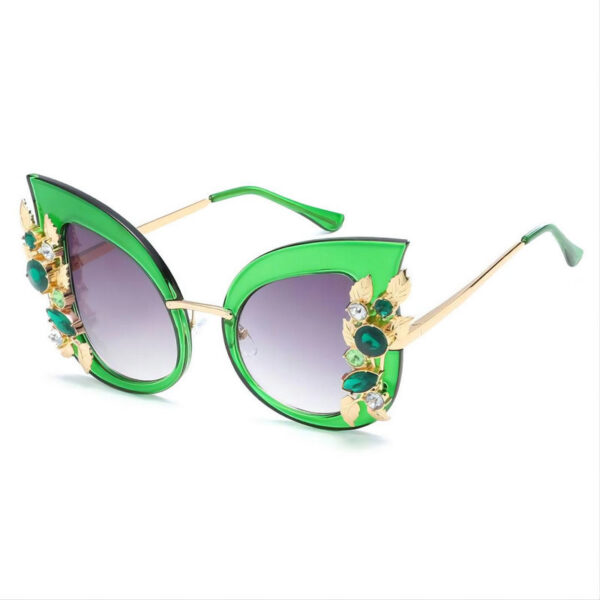 Floral Embellished Cat-Eye Sunglasses Oversize Frame Transparent Green/Gradient Grey