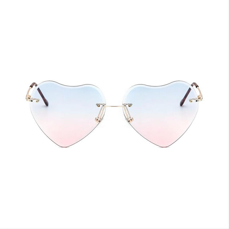 Frameless Heart-Shaped Sunglasses Gold-Tone Stepped Arms/Blue Pink