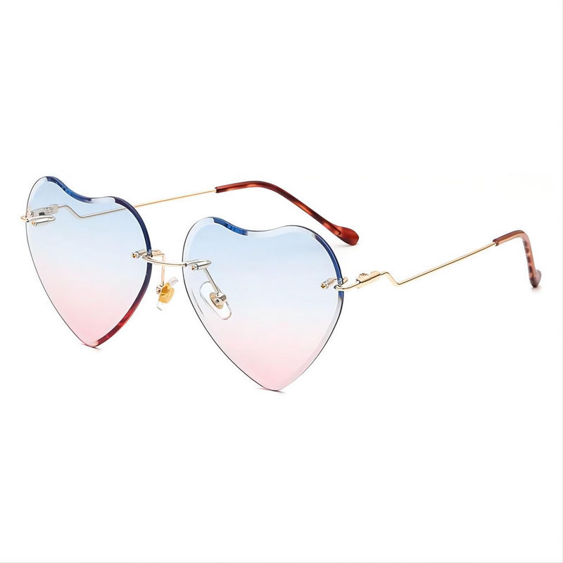 Frameless Heart-Shaped Sunglasses Metal Stepped Arms Blue Pink Lens