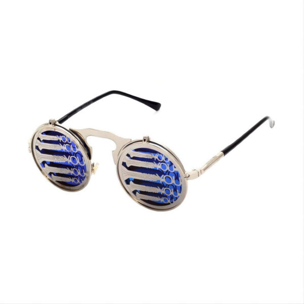 Futuristic Screw You Steampunk Round-Metal Sunglasses Silver Frame Blue Lens
