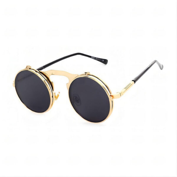 Gothic Steampunk Round-Metal Flip-Up Sunglasses Gold Frame Grey Lens