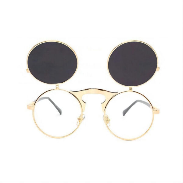 Gothic Steampunk Round-Metal Flip-Up Sunglasses Grey Flip Lenses