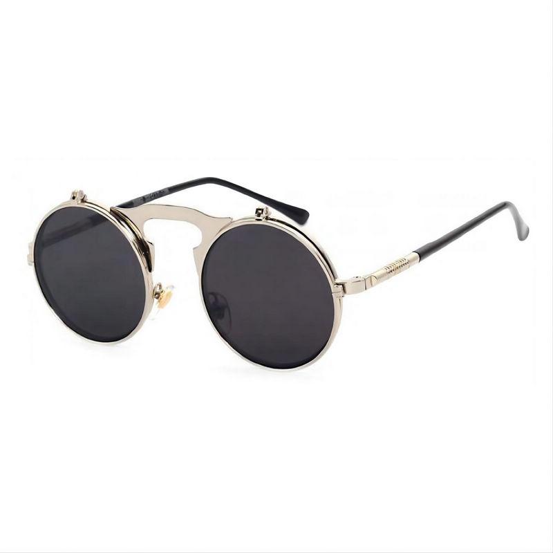 Gothic Steampunk Round-Metal Flip-Up Sunglasses Silver Frame Grey Lens