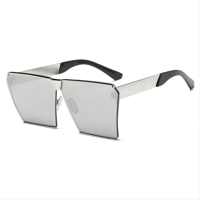 Mask-Shape Celebrity Square Sunglasses Oversized Silver-Tone Metal Frame