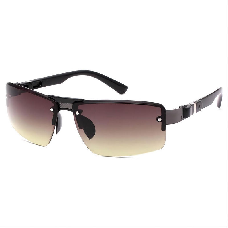 Men's Frameless Sunglasses Acetate Arms Black Frame Grey Green Lens