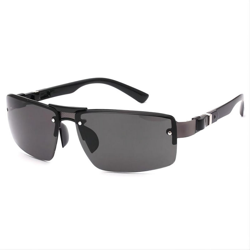 Men's Frameless Sunglasses Acetate Arms Black Frame Grey Lens