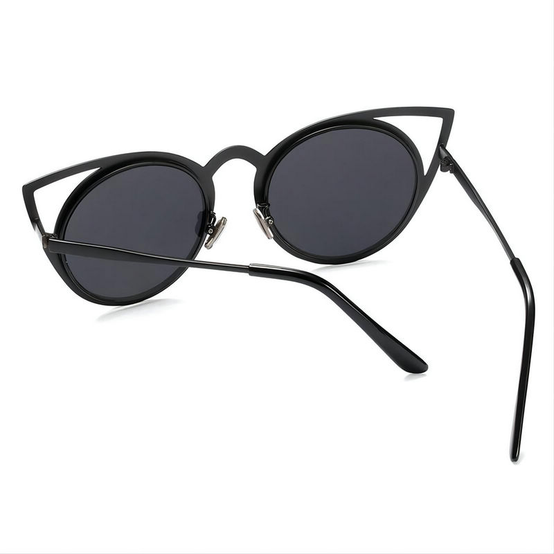 Metal Cat-Eye Cutout Frame Sunglasses Rounded Lens Black/Grey