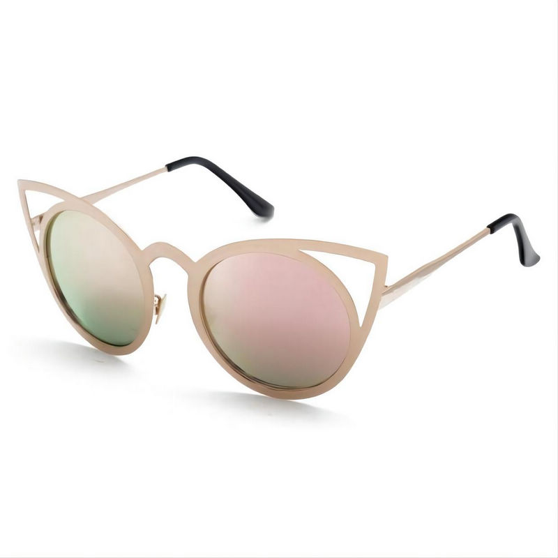Metal Cat-Eye Cutout Frame Sunglasses Rounded Mirror Pink Lens
