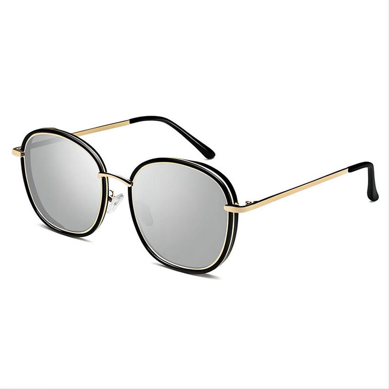 Metal Wire-Trim Acetate Polarized Round Square Sunglasses Gold Black/Mirror White