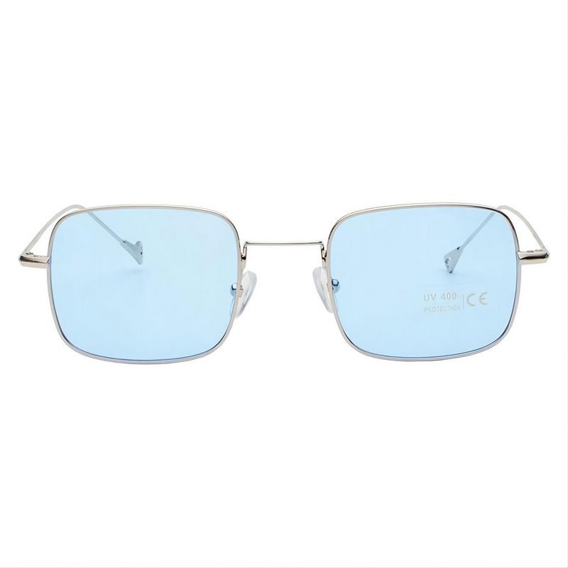 Metallic Slim Frame Square-Shaped Fashion Sunglasses Blue Lens
