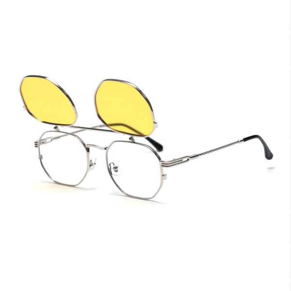 Modified Round Flip-Up Sunglasses Silver-Tone Frame Polarized Yellow Lens