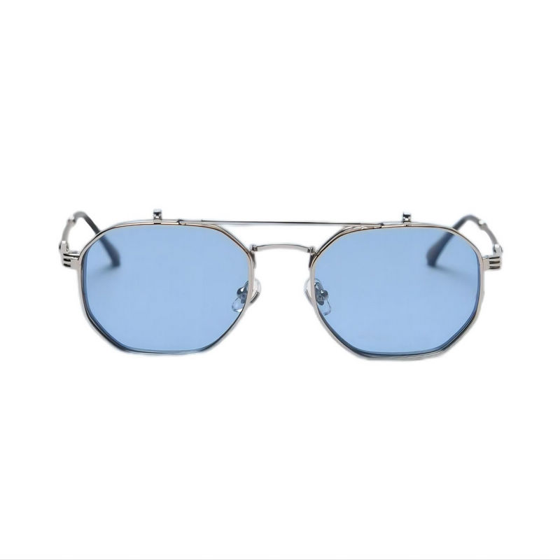 Modified Round Flip-Up Sunglasses Silver-Tone Metallic Frame