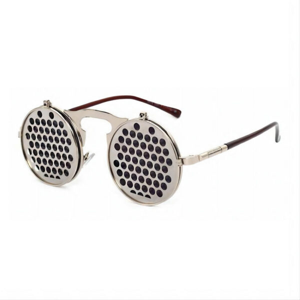 Multi-Hole Steampunk Round-Metal Flip-Up Sunglasses Silver Frame Grey Lens
