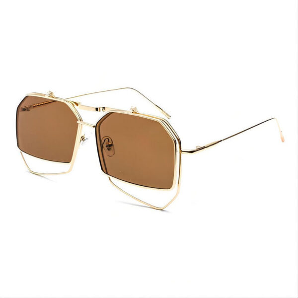 Oversized Geometric Flip-Up Sunglasses Metallic Frame Brown Lens