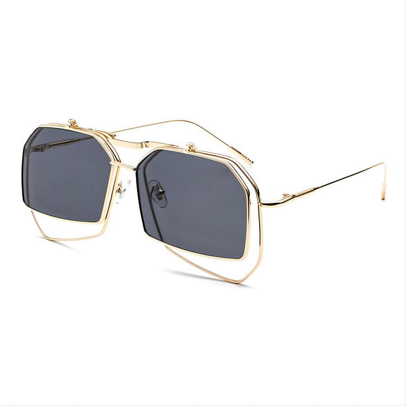 Oversized Geometric Flip-Up Sunglasses Metallic Frame Grey Lens