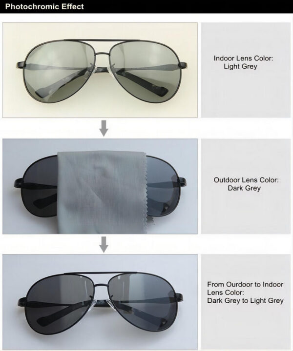 Photochromic Effect Metal Pilot Sunglasses Polarized Gray Lens
