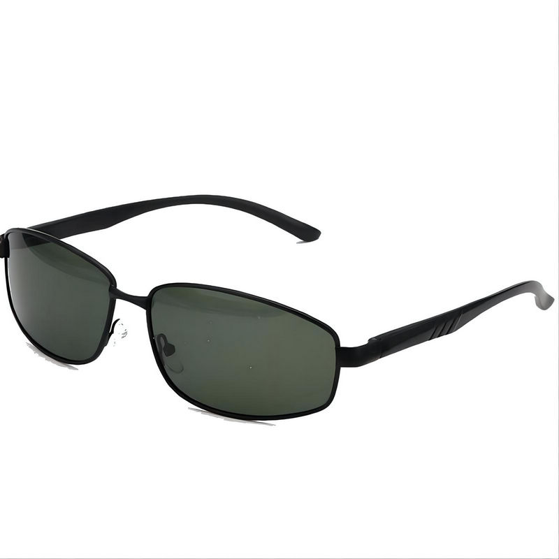 Polarized Men's Rectangle Sunglasses Black Metal Frame Green Lens